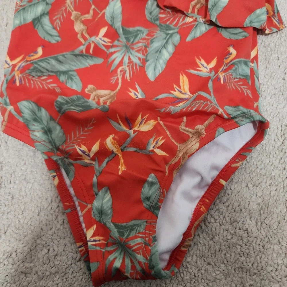Janie and Jack Girls Swimsuit Size 5 One Shoulder Ruffle Monkey Floral Red‎